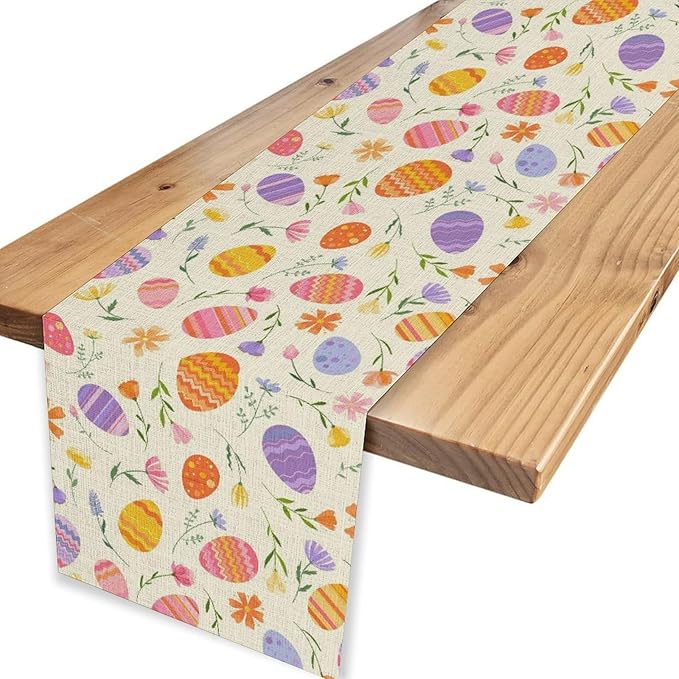 Easter Egg Table Runner,Colorful Egg Pattern Flowers Spring Summer Seasonal Table Center Decor for Family Kitchen and Living Room Outdoor Farmhouse Party Table Decorations, 13"x72"
