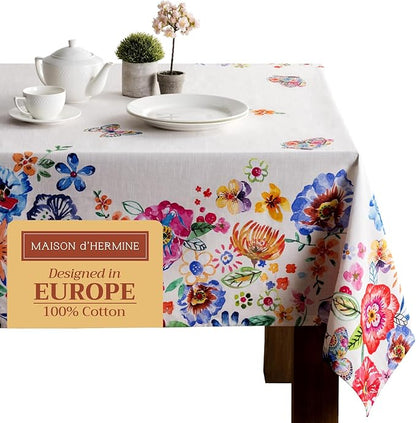 Maison d' Hermine Table Cloth Square Table 100% Cotton 60 x 60 Inches Tablecloth Reusable for Dining Room, Farmhouse, Home, Party, Festive & Wedding Spring Summer - Happy Florals - High Summer