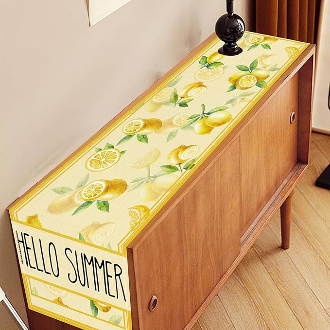 Summer Lemon Table Runner, Farmhouse Seasonal Spring Yellow Fresh Fruits Country Coffee Cafe Table Center Decor for Home Kitchen Dining Party Patio Indoor Outdoor Table Decorations, 13"x36" Inch