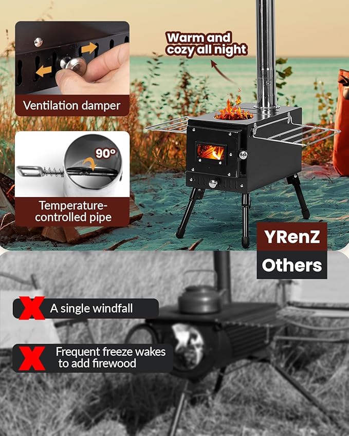 Wood Stove,YRenZ Hot Tent Stove with 7-Section Stainless Steel Chimney, HeatControl Stovepipe and Elbow Pipe, Wood Burning for Outdoor Camping and Ice Fishing