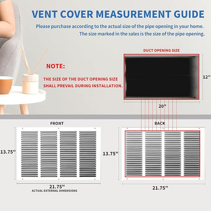 20x12 Return Air Grille (Duct Opening Size), Air Return Vent Cover, AC Vent Cover, Cold Air Return Vent Cover, Flat Return Air Grilles, Outer Dimensions:21.75"W x 13.75"H (20"W x 12"H, Duct Opening)