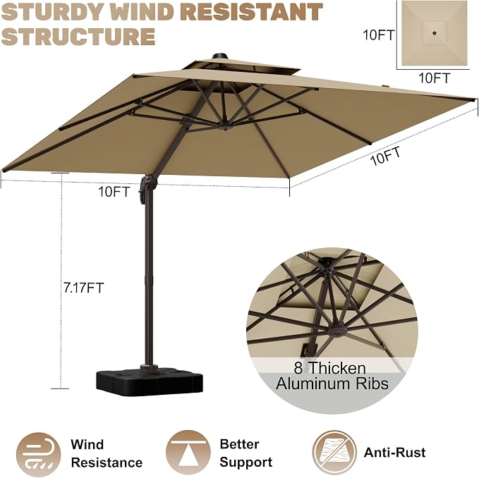 10x10Ft Patio Umbrella Outdoor Cantilever Rectangle Umbrella, 6-Level Tilt & - Image 4