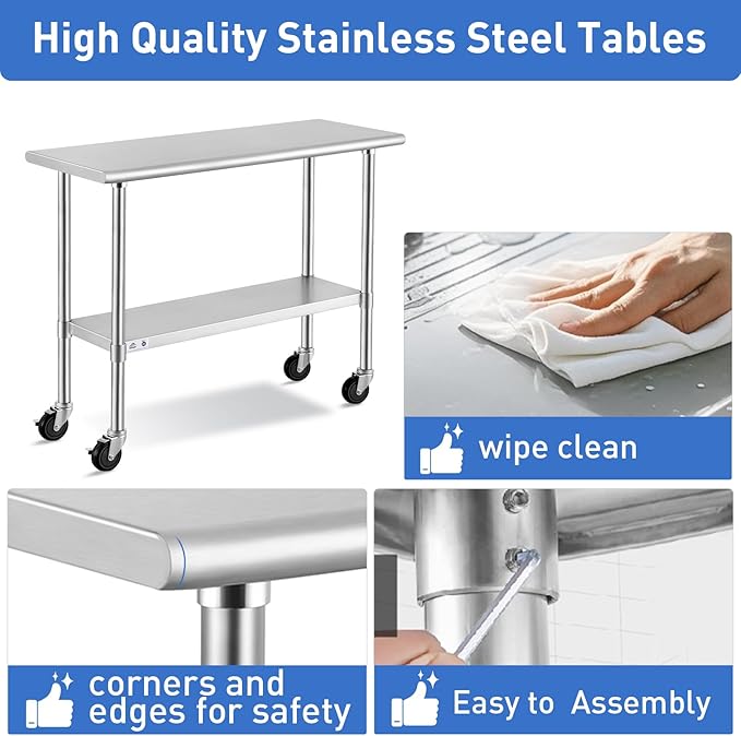 ROCKPOINT Stainless Steel Table for Prep & Work with Caster Wheels 14x72 Inches, NSF Metal Commercial Kitchen Heavy Duty Table with Adjustable Under Shelf and Table Foot for Restaurant, Home and Hotel