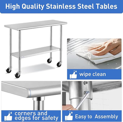 ROCKPOINT Stainless Steel Table for Prep & Work with Caster Wheels 24x30 Inches, NSF Metal Commercial Kitchen Heavy Duty Table with Adjustable Under Shelf and Table Foot for Restaurant, Home and Hotel