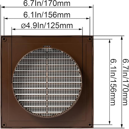 Brown 5'' Inch Ventilation Grille - Inside/Outside use - (Flange 4.9''Ø/Cover 6.7''x6.7'') - Air Vent Louver - Exhaust Hood - Available 3 Sizes / 4 Colors.