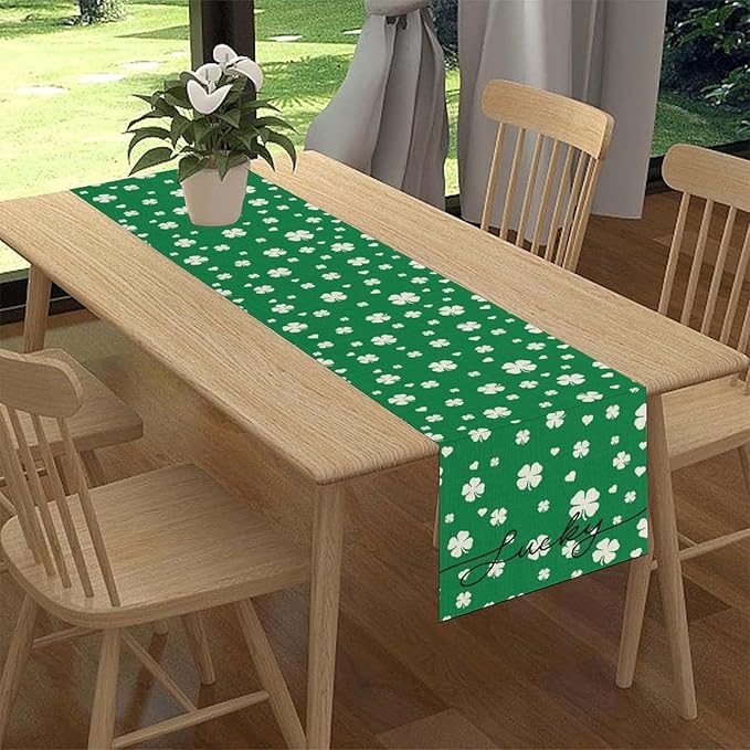 Clover Table Runner,Retro Rustic Green White Clover Seasonal Spring St.Patrick's Day Table Center Decor for Home Kitchen Dining Patio Holiday Party Indoor Table Decorations, 13"x36"