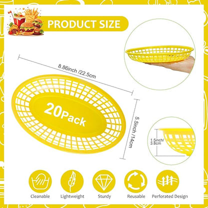 20 Pack Plastic Fast Food Baskets, 8.8" × 5.5" Small Oval Restaurant Serving Baskets Tray for Burgers, Sandwiches, Hot Dogs, Parties, Food Trucks, Reusable or Disposable, Stackable(Yellow)