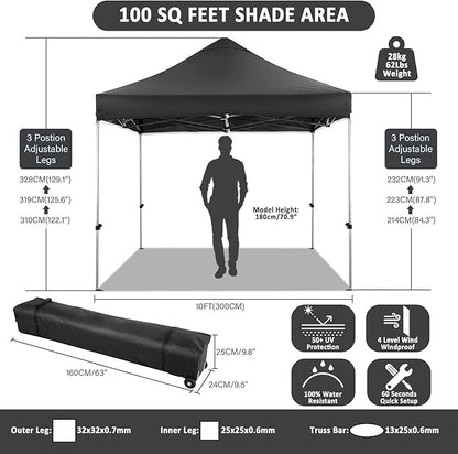 COBIZI 10x10 Pop Up Canopy Tent 10x10 Canopy with 4 Sidewalls Waterproof Heavy Duty Commercial Canopy Tent for Parties Outdoor Garden Gazebo, Carry Bag with Wheel(10x10ft, Black)