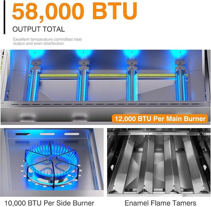4 Burner Propane Gas Grill with Side Burner, Stainless Steel Gas Grill with Built-in thermometer & Enameled Cast Iron Grates, 58,000 BTUs Output for Outdoor Cooking and Patio Backyard Barbecue
