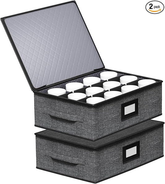 Aokeyee 2-Pack Cup and Mug Storage Box, Hard Shell China Storage Containers - Holds 24 Coffee Mugs, Tea Cups & Glasses, Stackable Organizers with Lid, Handles, Zippers & Label for Moving