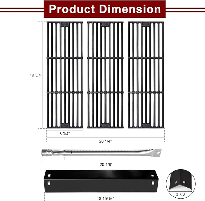 Hiorucet Grill Parts for CharGriller 5650, 5050, 3001, 5072, 3030, 3008, 4000, 5252, King-Griller 3008 5252 Gas Grills, Cast Iron Cooking Grates, Heat Plates, Burner Tubes, Igniters, Hanger Brackets