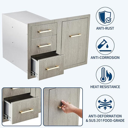 Stainless Steel Outdoor Kitchen Door Drawer Combo 29.5" W x 22.6" H x 21.7" D - Triple Drawers & Access Door, Propane Storage & Adjustable Garbage Ring, Weather-Resistant Flush Mount