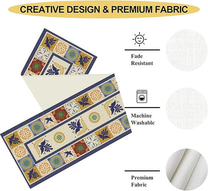 Mexican Table Runner, Blue Floral Birds Mexico Talavera Ceramic Dia De Los Muertos Coffee Table Center Decor for Family Home Kitchen and Dining Farmhouse Indoor Outdoor Table Decorations, 13" X 108"
