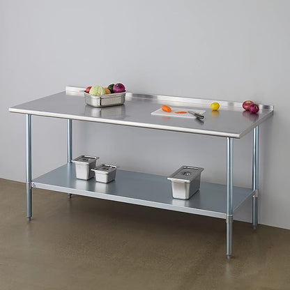 ROCKPOINT Stainless Steel Table for Prep & Work with Backsplash 30x72 Inches, NSF Metal Commercial Kitchen Heavy Duty Table with Adjustable Under Shelf and Table Foot for Restaurant, Home and Hotel