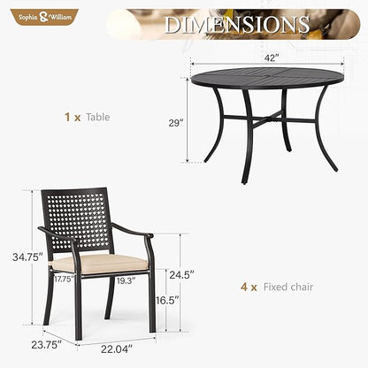 Sophia & William Round Patio Table and Chairs Set, Outdoor Dining Set for 4, 5 Piece Metal Patio Furniture, 42" Black Table(Beehive)