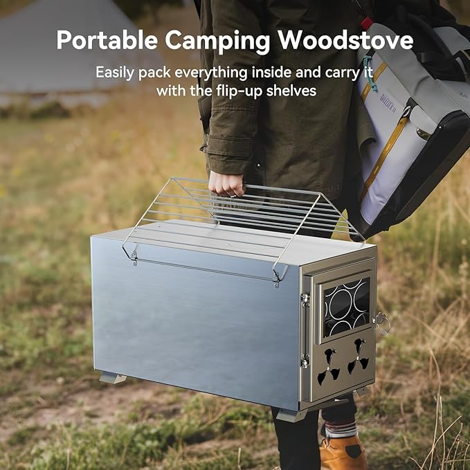 Sauna Hot Tent Stove, Rocket Camping Wood Burning Stove with 8 Stainless Chimney Pipes, Portable Folding Wood Stove for Tent, Outdoor Heating, Cooking, Ice Fishing, Hunting