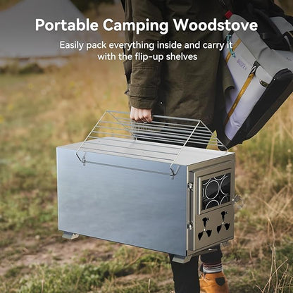 Hot Tent Stove, Camping Wood Burning Stove with 8 Stainless Chimney Pipes, Folding Portable Wood Stove for Tent, Outdoor Heating, Cooking, Ice Fishing, Hunting