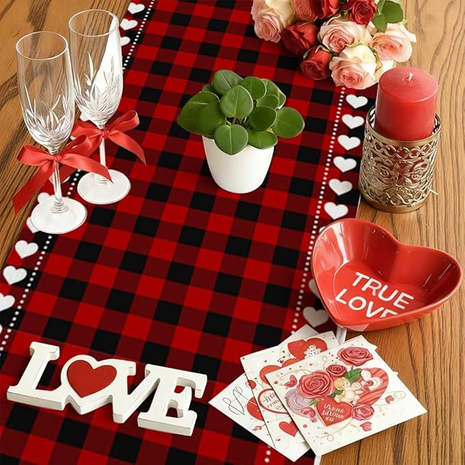 Valentine’s Day Love Heart Red Black Buffalo Plaid Table Runner 13x48 Inch Seasonal Holiday Kitchen Dining Tabletop Runners for Anniversary Mantel Party Indoor Outdoor Decoration