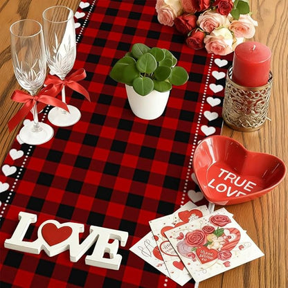 Valentine’s Day Love Heart Red Black Buffalo Plaid Table Runner 13x72 Inch Seasonal Holiday Kitchen Dining Tabletop Runners for Anniversary Mantel Party Indoor Outdoor Decoration