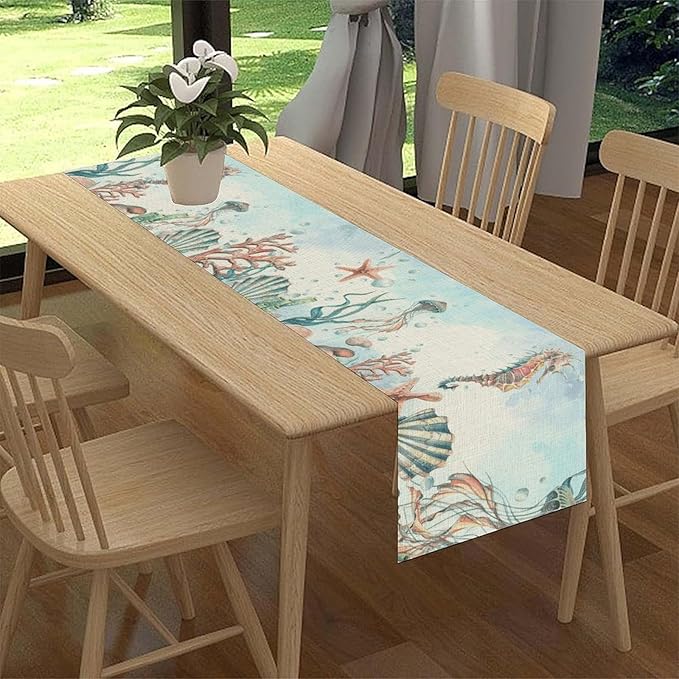 Summer Beach Table Runner, Blue Sea Coastal Nautical Turtle Jellyfish Seashell Ocean Table Runner Seasonal Holiday Home Kitchen Dining Table for Home Party Decor 13"x72"