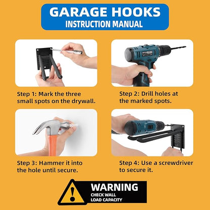 12 Pack Garage Hooks Heavy Duty 10 INCH Double-Layer Steel Shed Wall Mount Workshop Garage Storage Organizer Hooks for Hanging Garden Tool, Hose, Ladder, Chairs, Bikes with Anti-Slip Coating
