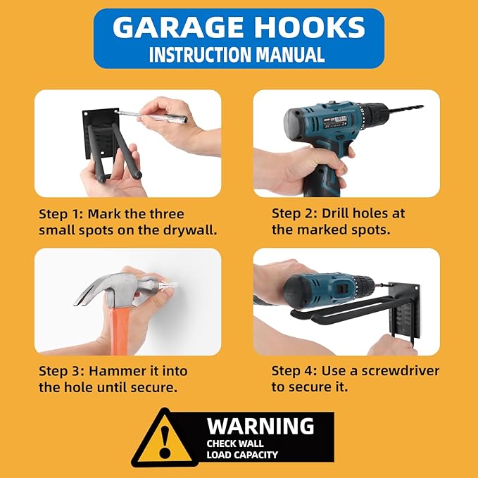 6 Pack Garage Hooks 10 INCH Heavy Duty Double-Layer Steel Shed Wall Mount Workshop Garage Storage Tool Organizer Hooks for Hanging Garden Tool, Hose, Ladder, Chairs, Bikes with Anti-Slip Coating