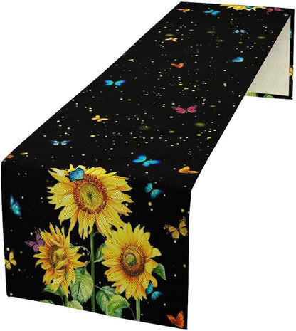 Farmhouse Sunflower Table Runner, Black Starry Spring Yellow Flowers Botanical Butterfly Table Runners for Dining Kitchen Holiday Party Table Decor, 13x90inch