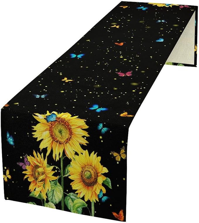 Farmhouse Sunflower Table Runner, Black Starry Spring Yellow Flowers Botanical Butterfly Table Runners for Dining Kitchen Holiday Party Table Decor, 13x108inch