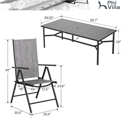PHI VILLA 9 Piece Patio Dining Set, Patio Furniture Outdoor Dining Set with Adjustable Portable Patio Folding Chairs (Grey) & Large Patio Dining Table for Yard, Garden and Deck
