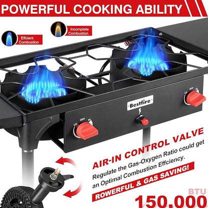 Bestfire 2 burner Camping Stove with Auto Ignition Button,Side Shelves & Regulator150,000 BTU Gas Stove Propane Burner With Removable Legs for Outdoor BBQ&Backyard Cooking Camping Home
