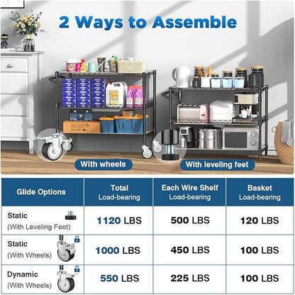 Leteuke 1120LBS Heavy Duty Rolling Utility Cart,3 Tier Rolling Carts with Wheels,NSF Commercial Grade with Handle Bar & Shelf Liners,45"x25"x39" Storage Cart for Kitchen,Restaurant,Plant Display,Black