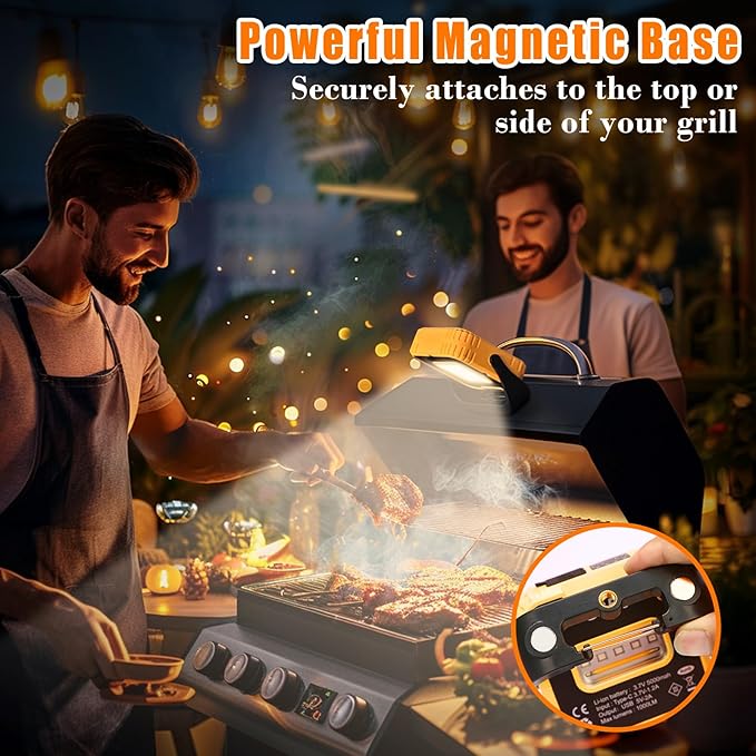 2-Pack 5000mAh LED Grill & Work Lights, Super Bright 1000LM Rechargeable Magnetic Lamp for BBQ, Camping, Emergency, 6 Light Modes & USB Output