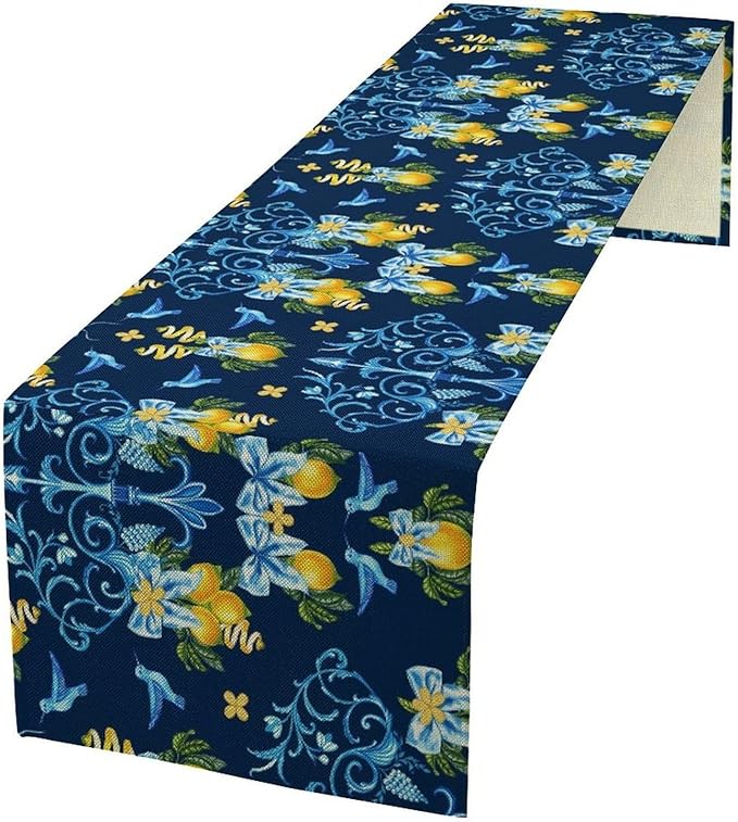 Lemon Fruit Table Runner Nature Bow Farmhouse Talavera Ethnic Folk Rustic Birds Aesthetic Dining Table Decoration for Home Holiday Party Dresser Kitchen Cabin Restaurant Wedding Decor 13×120in