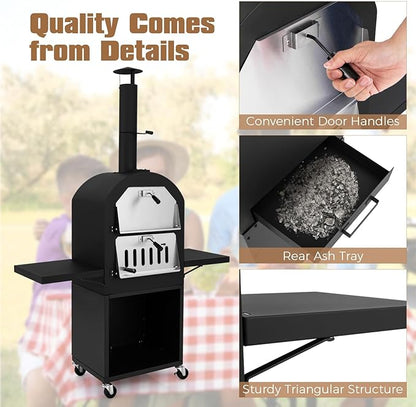 HAPPYGRILL Outdoor Wood Fired Pizza Oven w/Firewood Storage, Side Shelves, Patio Pizza Maker wi/Pizza Stone & Peel, 2 Cooking Grills & Thermometer, Portable Pizza Stove for Backyard Party Camping
