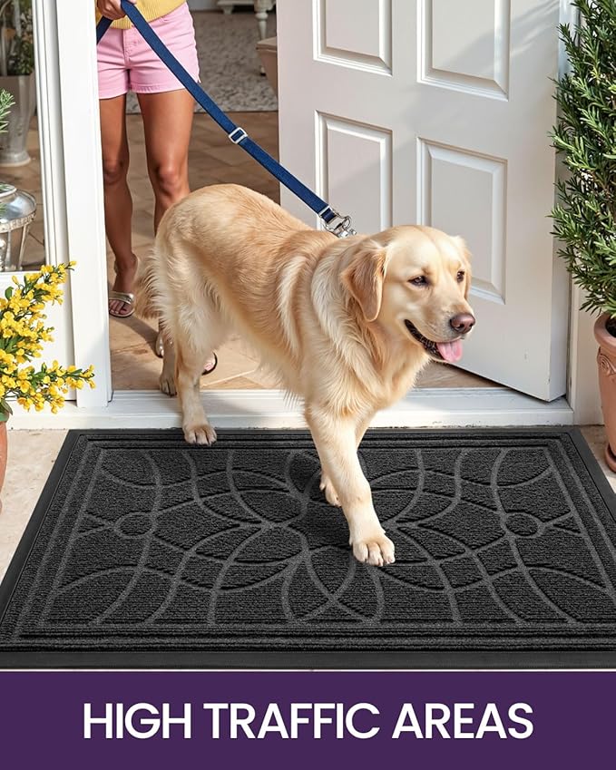 DEXI Front Door Mat Outside Entrance, Heavy Duty Non Slip Low Profile Doormat for Entryway, Trap Dirt and Moisture Welcome Mats, Easy Clean, Patio, Garage, 5x3, Grey