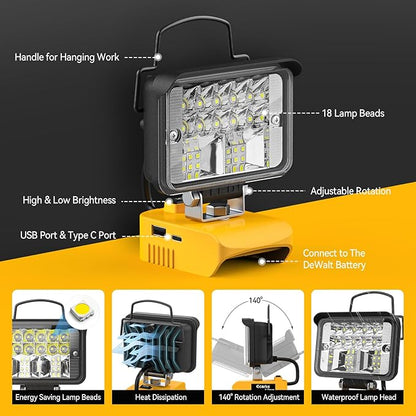 Ecarke Cordless Handheld Flashlight for DeWalt 18V/20V: LED Work Battery Light - 20W 2000LM Tools for Working in Dark Environments,Outdoor,Fishing,Gift,Job Site&Security Lighting(Only Tool)