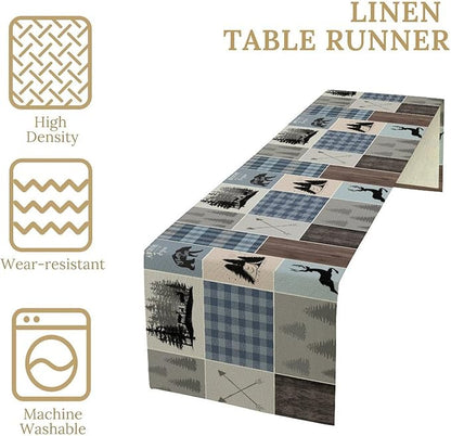 Rustic Bear Deer Table Runner, Blue Checkered Nature Forest Wildlife Farmhouse Cabin Country Table Runner for Outdoor Dining Kitchen Camping Party 13x36in
