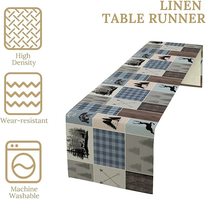 Rustic Bear Deer Table Runner, Blue Checkered Nature Forest Wildlife Farmhouse Cabin Country Table Runner for Outdoor Dining Kitchen Camping Party 13x120in