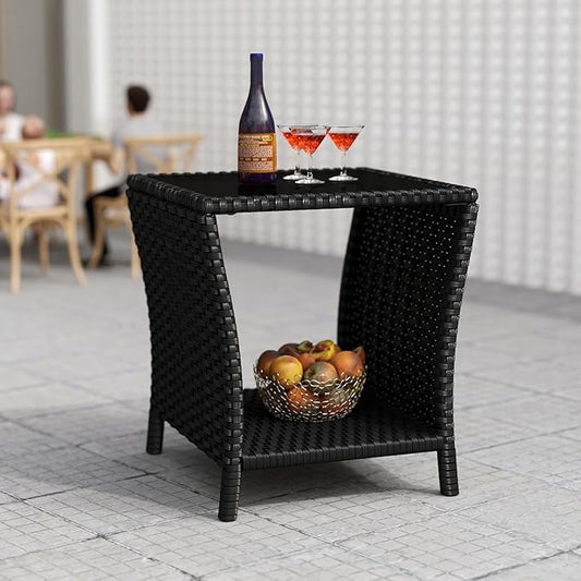 kinbor Small Outdoor Table - Tempered Glass Top Small Outdoor Wicker Side Table with Storage Shelf for Patio, Balcony & Porch, Durable PE Rattan & Iron Frame