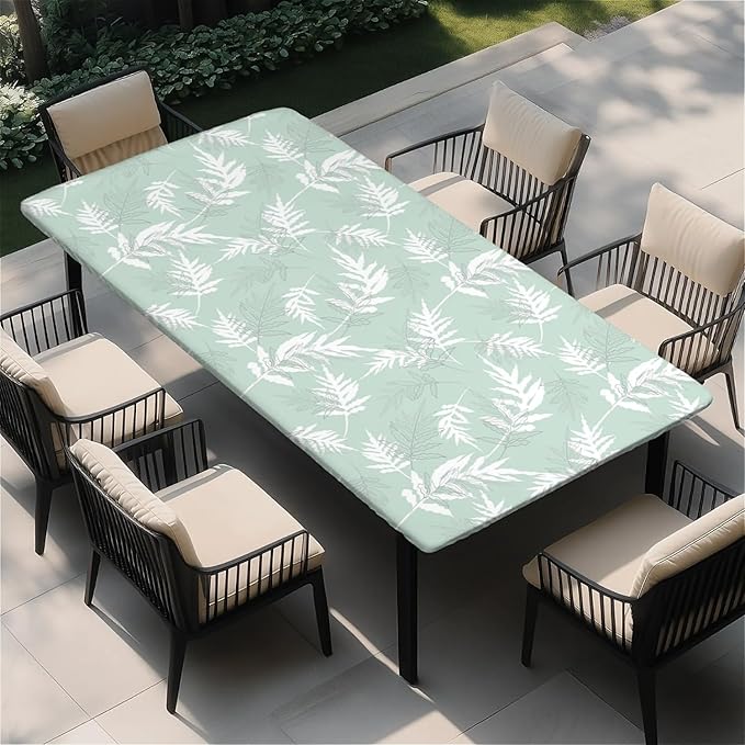 Rectangle Table Cloth Cover Waterproof Elastic Fitted Polyester Fitted Tablecloths for 6 Foot Tables for Indoor,Picnic, Camping, Outdoor （72" x 30"，Palm Leaf）