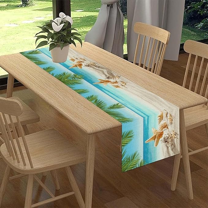 Summer Coastal Table Runner, Nautical Starfish Beach Seashell Ocean Tropical Palm Seasonal Coffee Table Center Decor for Home Kitchen Dining Patio Holiday Party Table Decorations 13"x90"