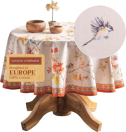 Maison d' Hermine Table Cloth Round Table 100% Cotton 63 Inches Fall Tablecloth Reusable Everyday Use for Thanksgiving Christmas Decorations Dining Farmhouse Party (Kelim - Prairie)