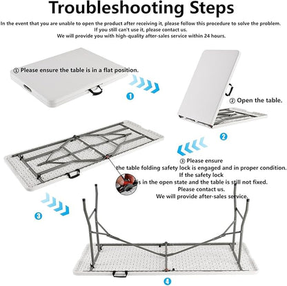 FWTI Deal Folding Table 6ft, Heavy Duty Portable, Built in Carrying Handle & Alloy Steel Legs for Party, Dining, Wedding, Events, Picnic, Indoor, Outdoor, Camping, Utility, White