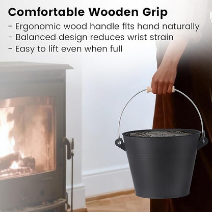 GameXcel Ash Bucket with Lid and Shovel Hand Broom - 1.5 Gallon Galvanized Iron Metal Fireplace Tools Ash Pail for Fire Places Fire Pits Wood Burning Stoves Hearth Accessories Indoor Outdoor, Black