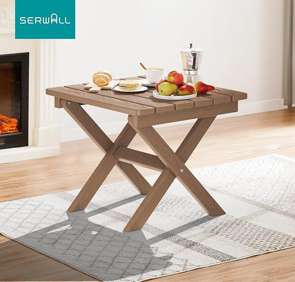 SERWALL Folding Outdoor Side Table, HDPE Adirondack End Table, No Assembly Required Small Table for Indoor and Outdoor Use, Brown