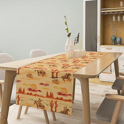 Western Cowboy Table Runner, Wild West Cowboy Ride Horse Desert Cactus Sunset Table Runner for Home Kitchen Dining Party Farmhouse Coffee Outdoor 13x108in