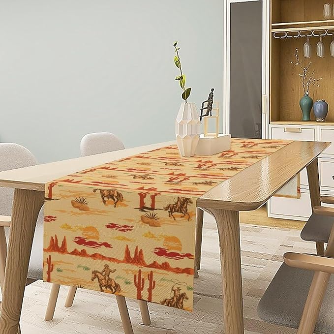 Western Cowboy Table Runner, Wild West Cowboy Ride Horse Desert Cactus Sunset Table Runner for Home Kitchen Dining Party Farmhouse Coffee Outdoor 13x36in