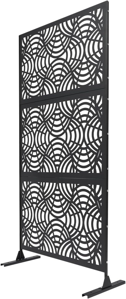 75" H×35" W Decorative Outdoor Privacy Screen with Stand, Outdoor Decor Privacy Fence Screen Metal Fence Panels, Free Standing Metal Divider for Patio Lawn Deck (Black -Curved Pattern)