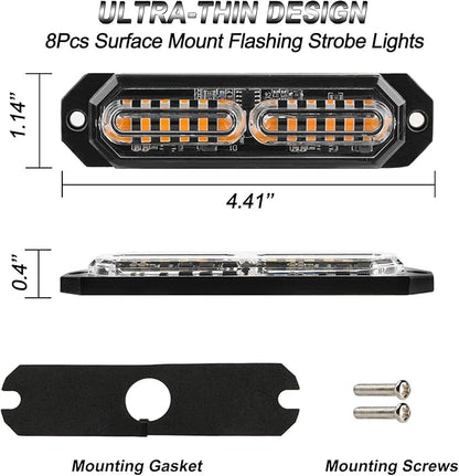 ASPL 8pcs Sync Feature Ultra Slim 12-LED Surface Mount Flashing Strobe Lights for Truck Car Vehicle LED Mini Grille Light Head Emergency Beacon Hazard Warning Lights (Amber)