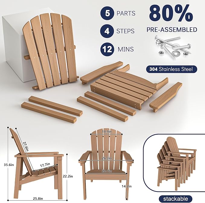 Compact Stackable Adirondack Chairs, All Weather HDPE, Teak | 26.3" Wide HDPE - Image 6